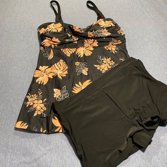 Floral Print Tankini Swimsuit Set With Boyshorts For Women Black & Orange - Picture 1 of 5